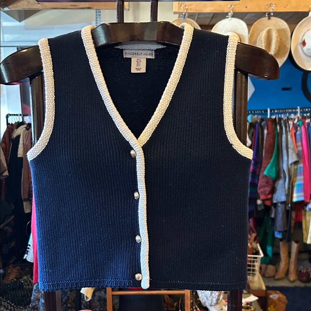 Sincerely Jules Navy V-Neck Sweater Vest with Cream Trim